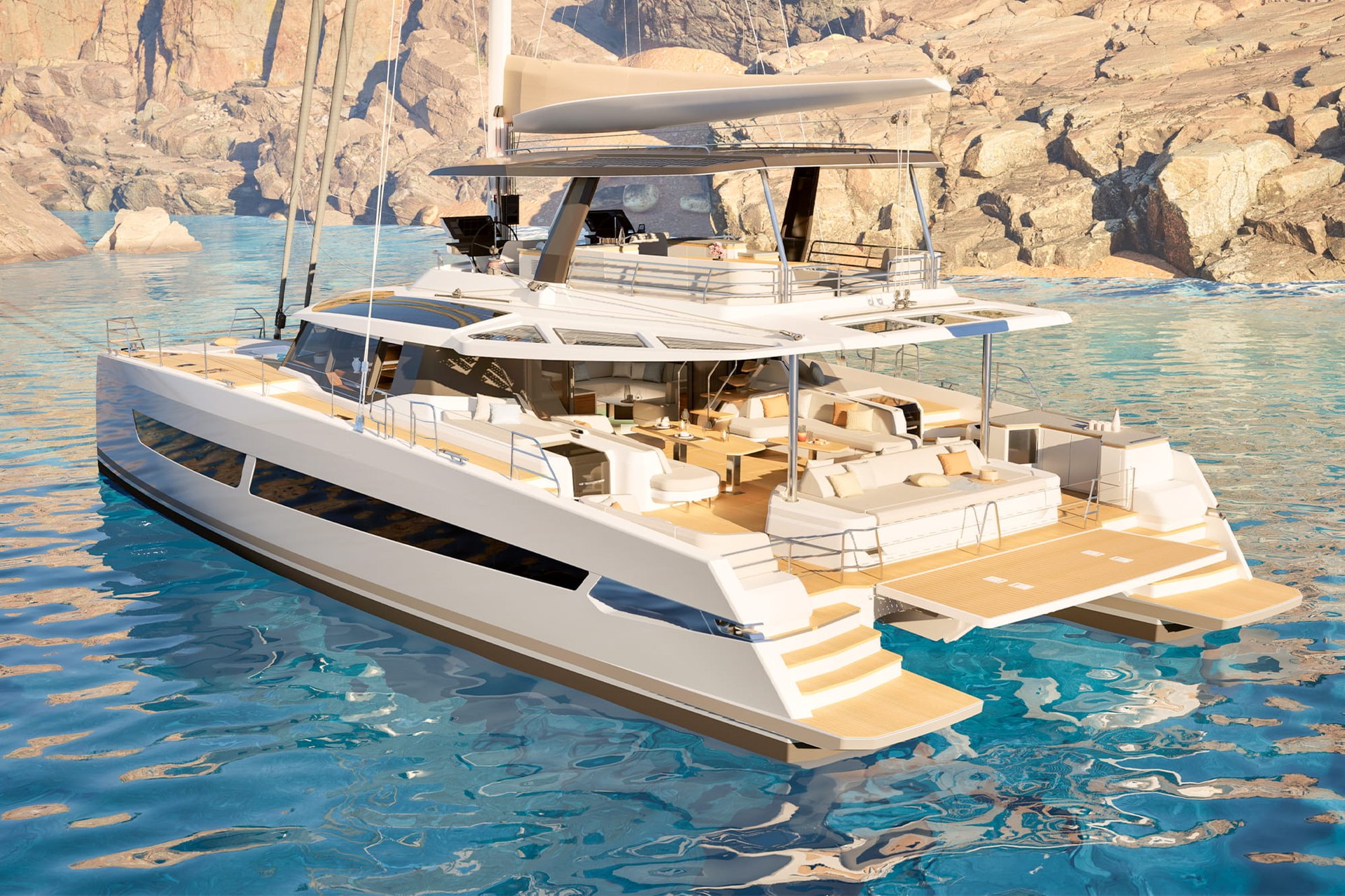 Fountaine Pajot FPY 70S: вид сзади-сбоку, флайбридж и главная палуба